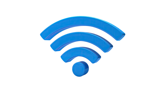 Blue wifi icon, curved signal waves, on a black background, 3D rendered
