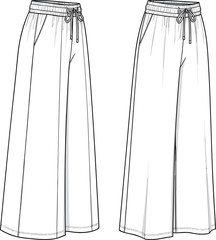 Wide leg pants technical fashion flat sketch, elastic waistband with drawstring, side seam pockets, relaxed silhouette, 