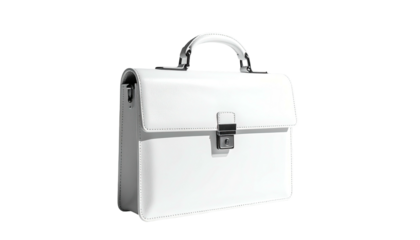 A pristine, white leather briefcase with a shiny handle and secure clasp