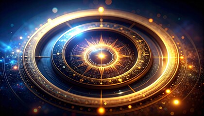 Abstract cosmic compass with golden light, a mystical celestial navigation system