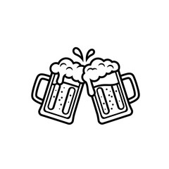 Beer Mugs Clinking Vector | Cheers Celebration Icon | Party Drink Outline Illustration