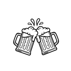 Beer Mugs Clinking Vector | Cheers Celebration Icon | Party Drink Outline Illustration