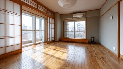 Obraz premium Empty room with wooden floors and shoji screen doors bathed in sunlight.