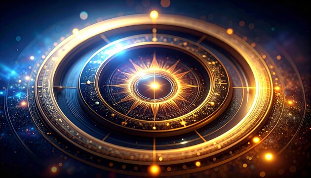 Abstract cosmic compass with golden light, a mystical celestial navigation system
