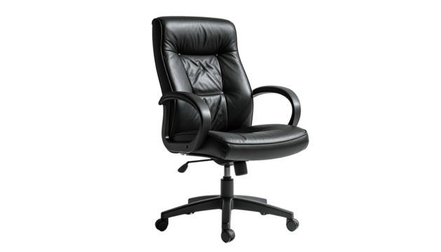Black executive office chair with padded headrest and armrests, isolated on black