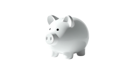 A pristine white piggy bank with detailed features, set against a stark black background