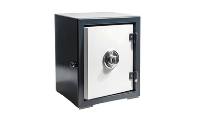 A solid gray safe box with a white door and chrome dial on a black background