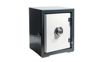 A solid gray safe box with a white door and chrome dial on a black background