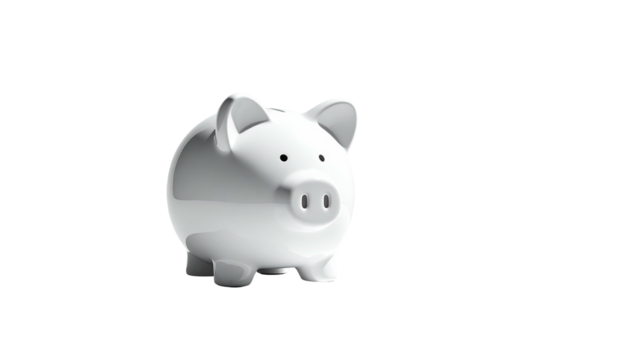 A white, glossy, ceramic piggy bank against a stark black background