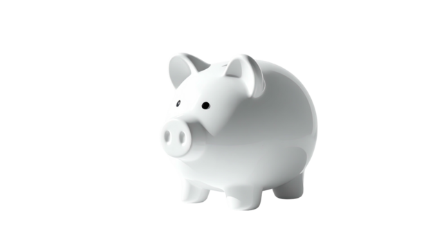 A pristine white piggy bank with detailed features, set against a stark black background