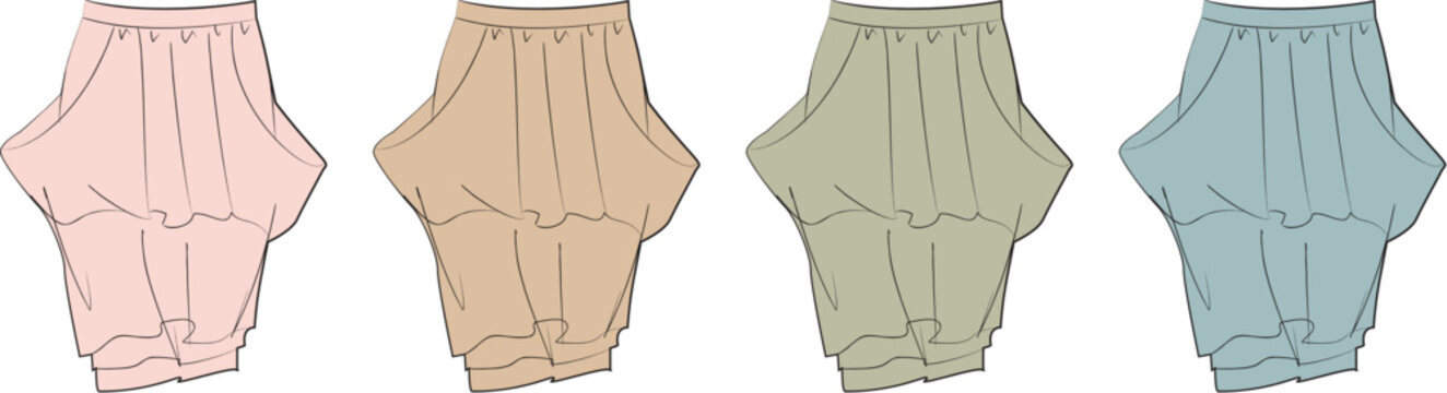 Vector illustration of women's comfortable loose-fit harem pants in a variety of soft pastel colors, ideal for fashion design concepts and apparel mock-ups showcasing modern casual wear