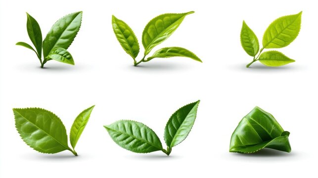 Fresh tea leaves arranged against a white background.