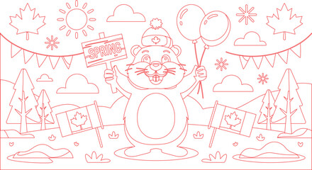 Obraz premium Cartoon Groundhog Holding Spring Sign and Balloons with Canadian Flags and Maple Leaves Coloring Page