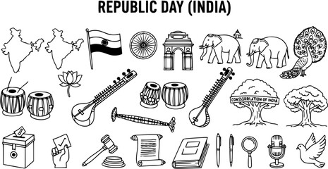 Republic Day (India) Vector Line Art: A Symbolic Collection of Indian Icons