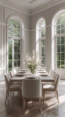 Fototapeta premium Lavish royal inspired white dining area displaying refined furniture set beneath majestic curved window glow dining room interior design wallpaper background