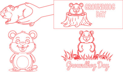 Obraz premium Cartoon Groundhogs Outline Groundhog Day Graphics Featuring Marmots, Hand, Stump, and Grass Designs in Red