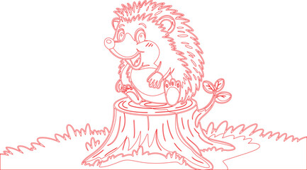 Obraz premium Cartoon Hedgehog Sitting on a Tree Stump, Red Outline Drawing Isolated Illustration