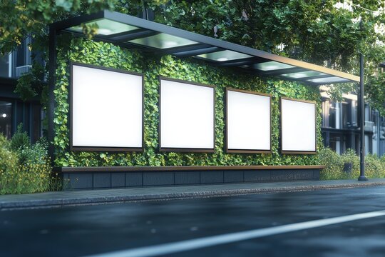 Urban Bus Stop Mockup Featuring Lush Vertical Garden and Four Blank Advertisement Boards