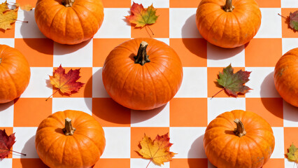 Pumpkins and leaves on checkered surface