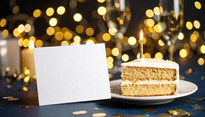 Festive birthday celebration with cake, champagne, and a blank card for a personalized message filled with warm wishes and heartfelt sentiments