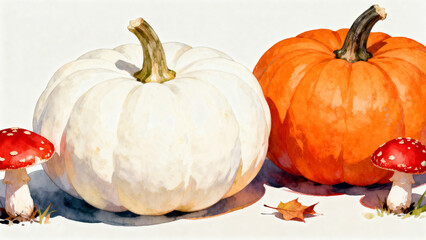 Pumpkins and mushrooms in still life