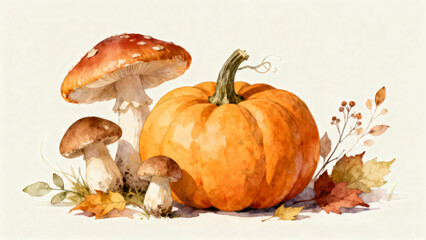 Pumpkin and mushrooms with autumn leaves