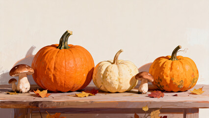 Pumpkins and mushrooms on a table