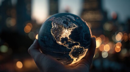 Fototapeta premium Person holding illuminated globe depicting continents and city lights