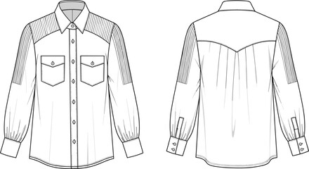 Men’s long sleeve button up shirt technical flat sketch, pointed collar, chest pockets, cuff detail, yoke pleats, CAD drawing flat vector illustration