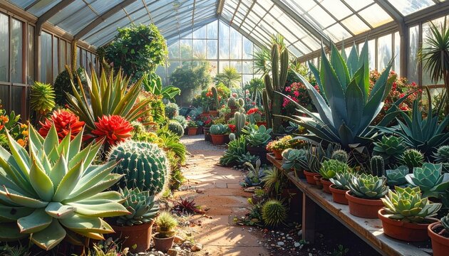 Lush Greenhouse Oasis - A Vibrant Collection of Cacti and Succulents.