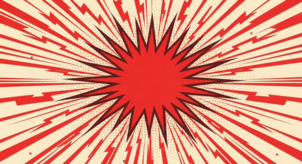 Explosion comic book style background with red starburst and lightning effect on a cream background, retro graphic design element