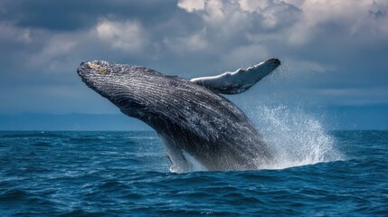 Fototapeta premium Humpback whale breaching in ocean under cloudy sky wildlife photography
