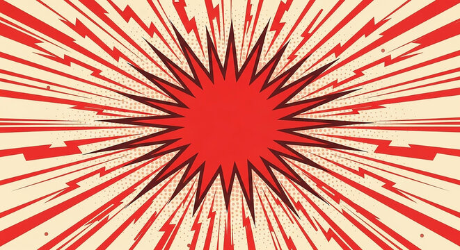 Explosion comic book style background with red starburst and lightning effect on a cream background, retro graphic design element - Powered by Adobe
