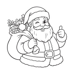 Santa Claus Thumbs Up Vector Outline with Gift Sack
