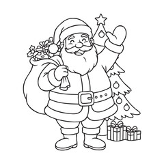Santa Claus with Christmas Tree and Gifts Line Art Illustration