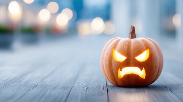 Halloween Pumpkin's Grimace: A glowing jack-o'-lantern with an angry expression, casting eerie light on a wooden surface, set against a blurred background.