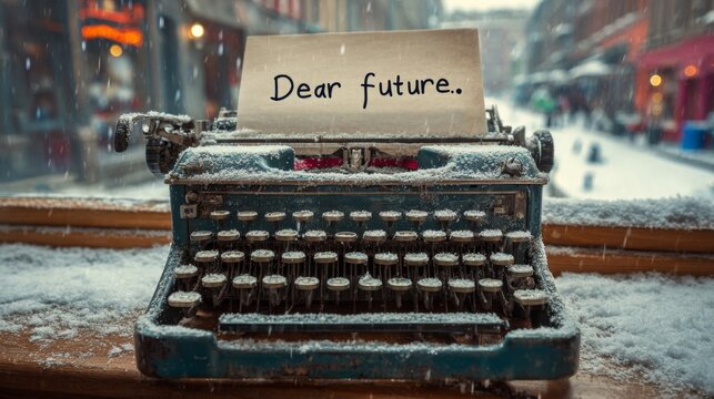 Typewriter sits by a snowy window with a note saying dear future during a calm winter day in a quaint city street