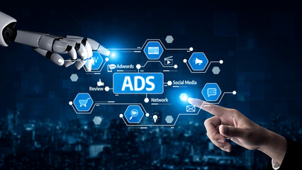 This image illustrates the integration of robotics into digital marketing strategies, showcasing the interaction between a robotic hand and marketing icons. Tessel