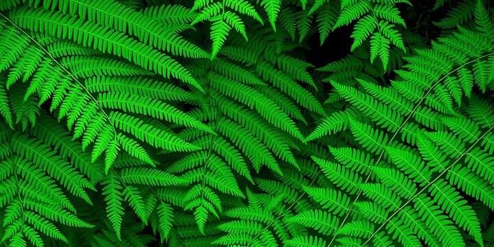 Intricate fern fronds, overlapping textures creating a lush, green background, pattern, macro