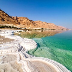 Scenic landscape featuring salt formations near a tranquil turquoise body