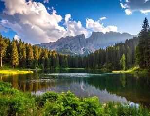 Scenic landscape featuring serene lake, trees, and impressive mountains