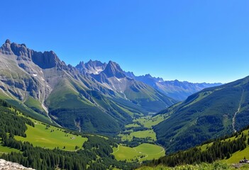 Obraz premium Majestic mountain range with lush green valley, clear blue sky, calm, panoramic