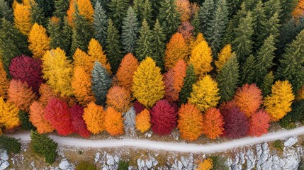 Autumn forest canopy, aerial view. A winding path meanders through a colorful forest