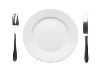 White plate with fork and knife transparent background cutout png