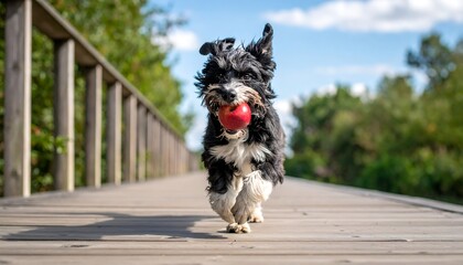A small dog runs on a wooden bridge carrying a red apple