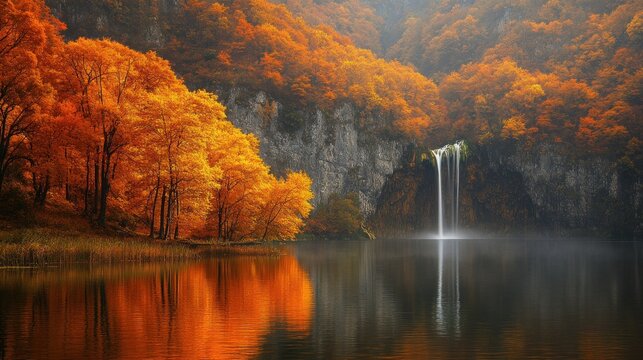 Autumn waterfall reflecting in calm lake