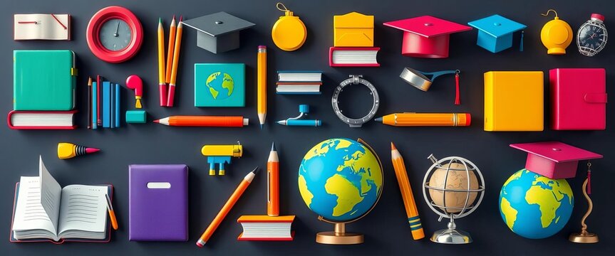 Set of diverse education icons, including books, pencils, globes, and graduation caps,   classroom,   tutorial