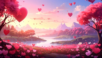 A romantic landscape with pink blossoms and floating hearts at sunset