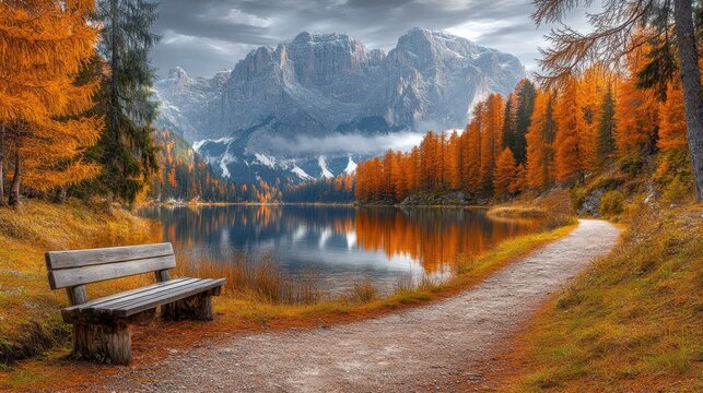 Autumnal mountain lake scene. Wooden bench by path