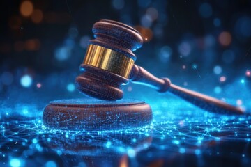 Digital justice concept featuring a gavel with network connections symbolizing cybersecurity law and legal technology